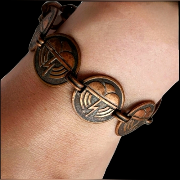Vtg 60s real copper heart rainbow lightning graphics connected circle bracelet - Picture 1 of 17